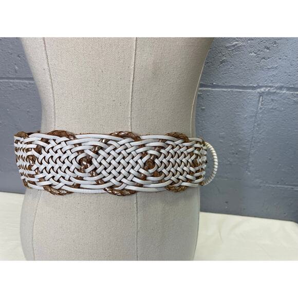 White Brown Woven Braided Leather Belt Linea Pelle Hippie Boho Retro - Picture 9 of 10